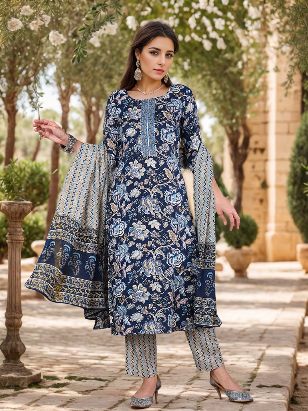 

AHIKA Floral Printed Round Neck Gotta Patti Kurta With Trousers & Dupatta, Blue