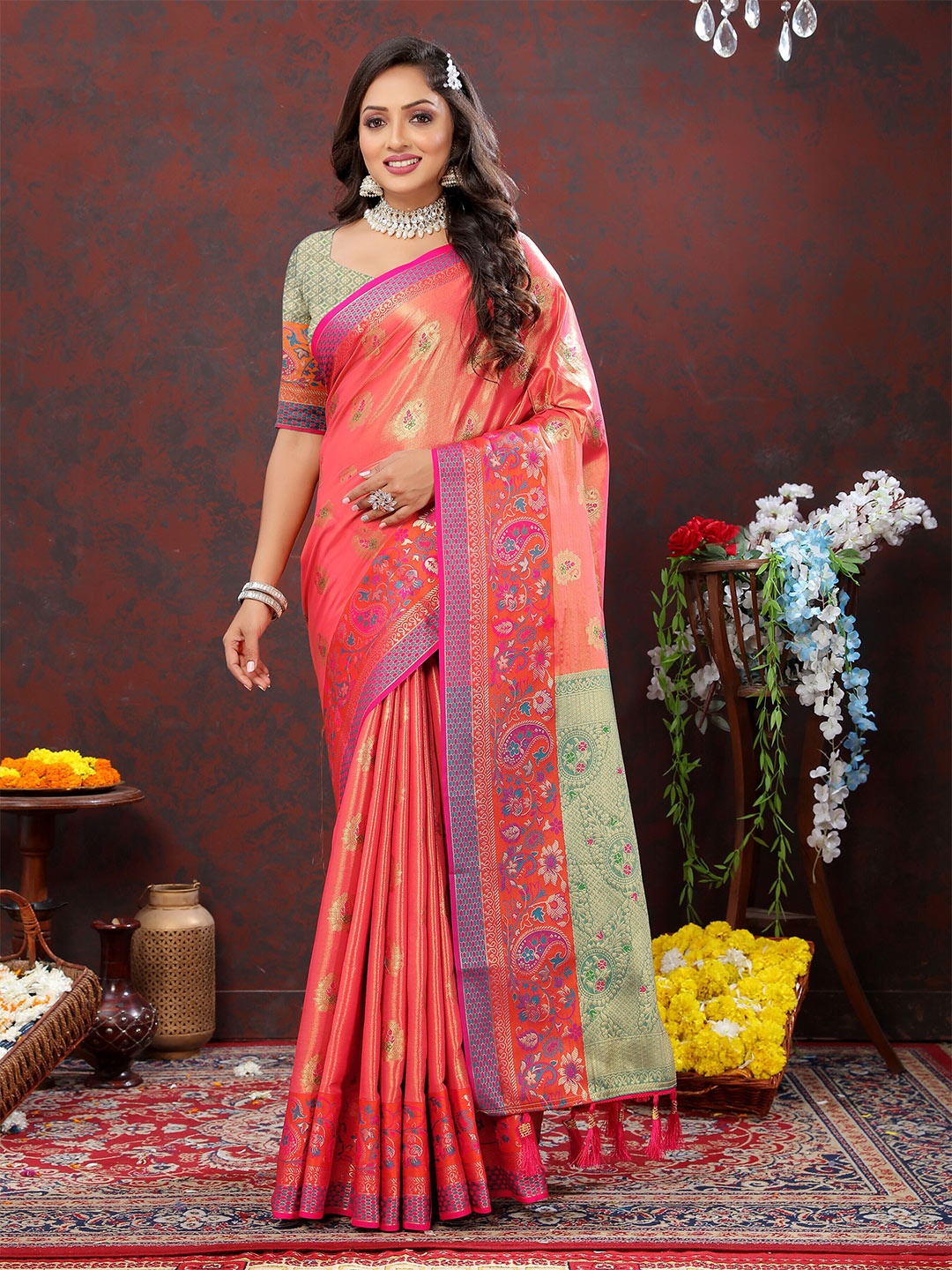 

ZIBLON Zari Kanjeevaram Designer Saree With Tassels, Pink