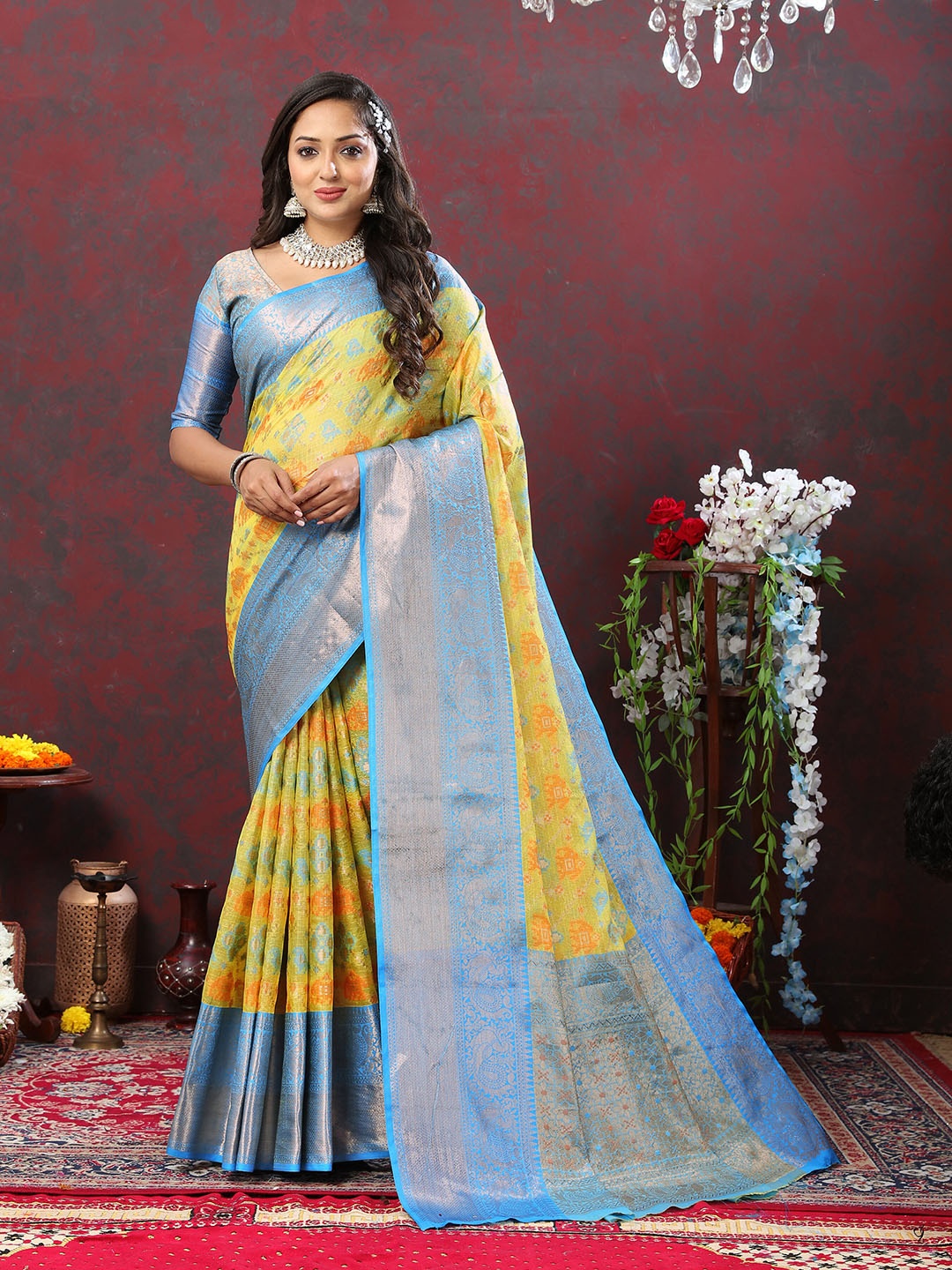 

ZIBLON Ethnic Motifs Zari Designer Kanjeevaram Saree, Yellow
