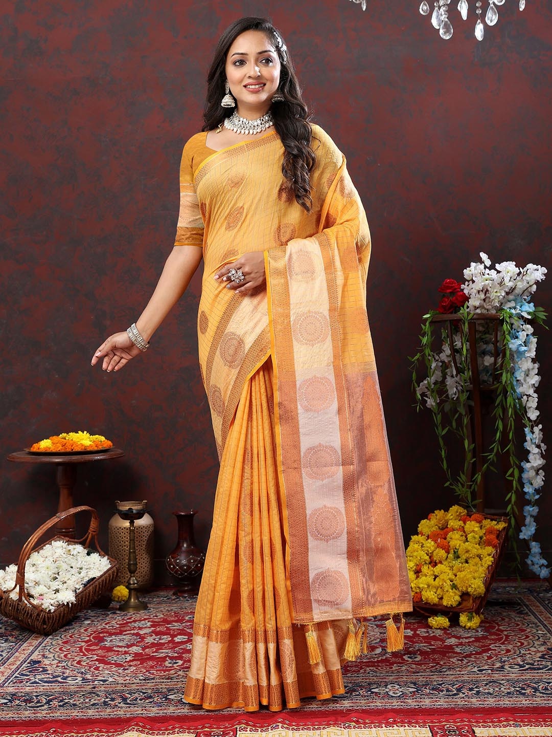 

ZIBLON Woven Design Art Silk Kanjeevaram Saree, Yellow