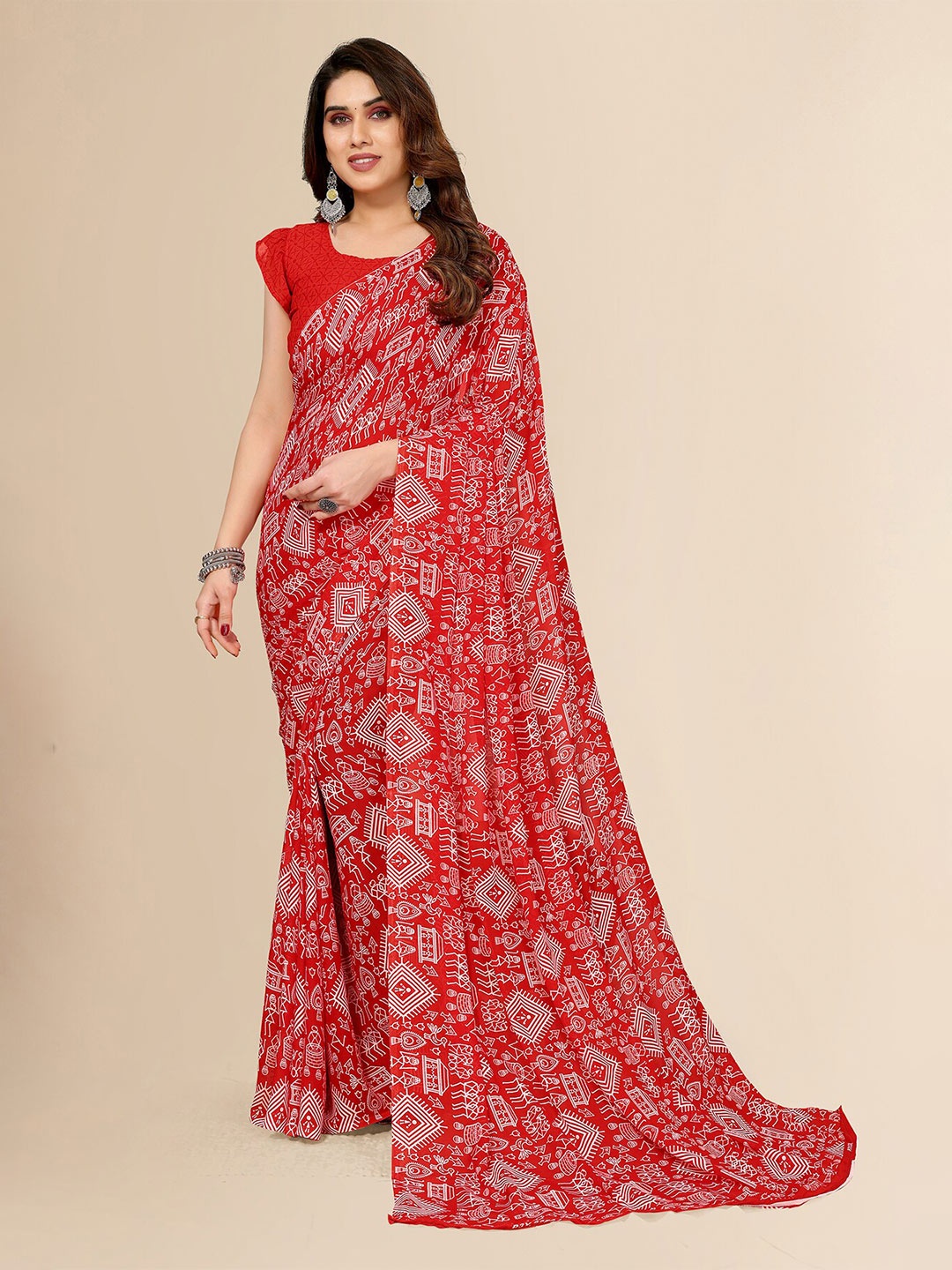 

Moda Rapido Floral Printed Sarees, Red