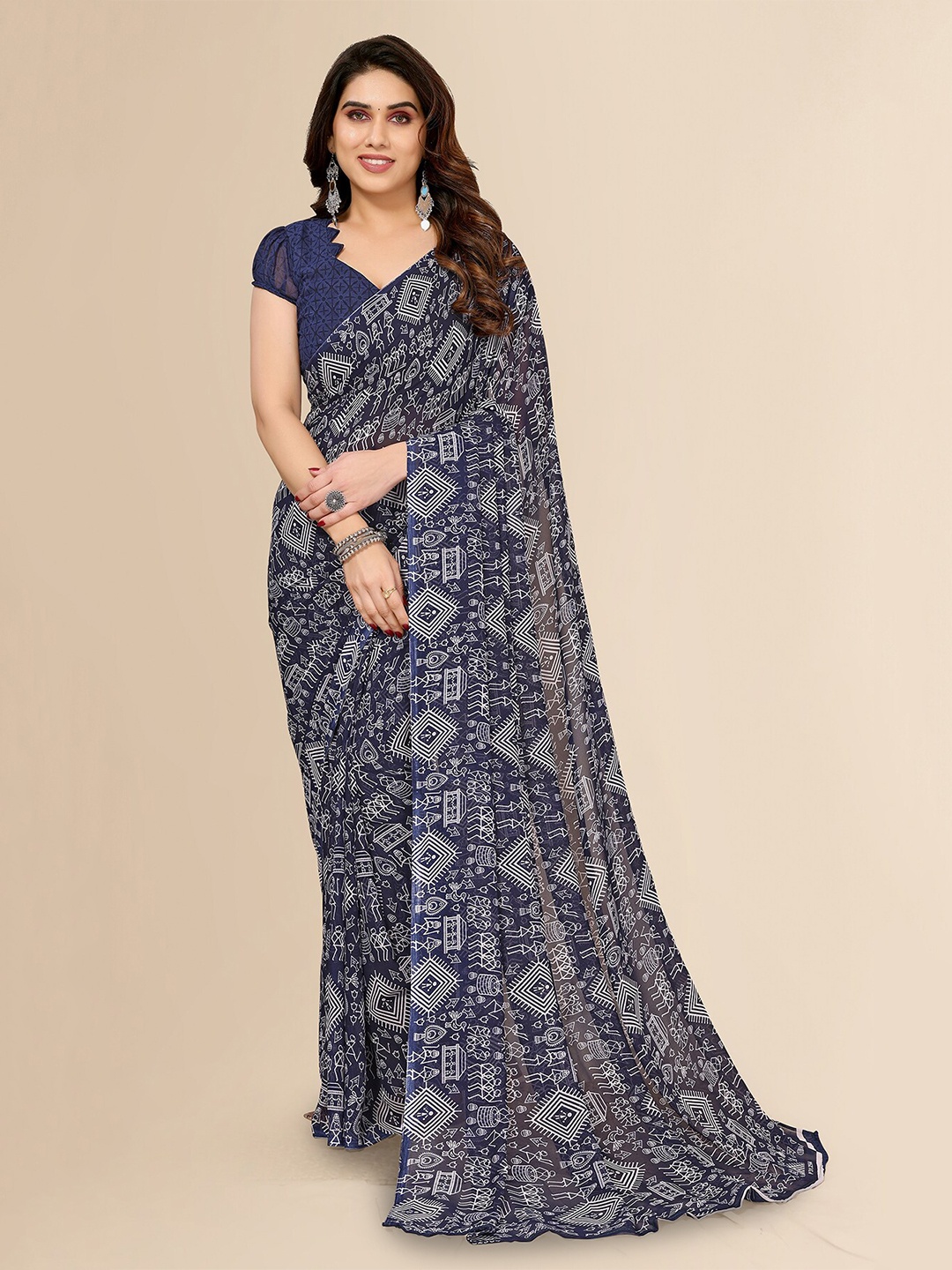 

Moda Rapido Navy Blue Warli Printed Saree