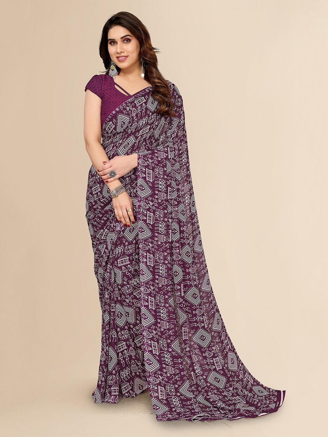 

Moda Rapido Purple Floral Warli Printed Saree