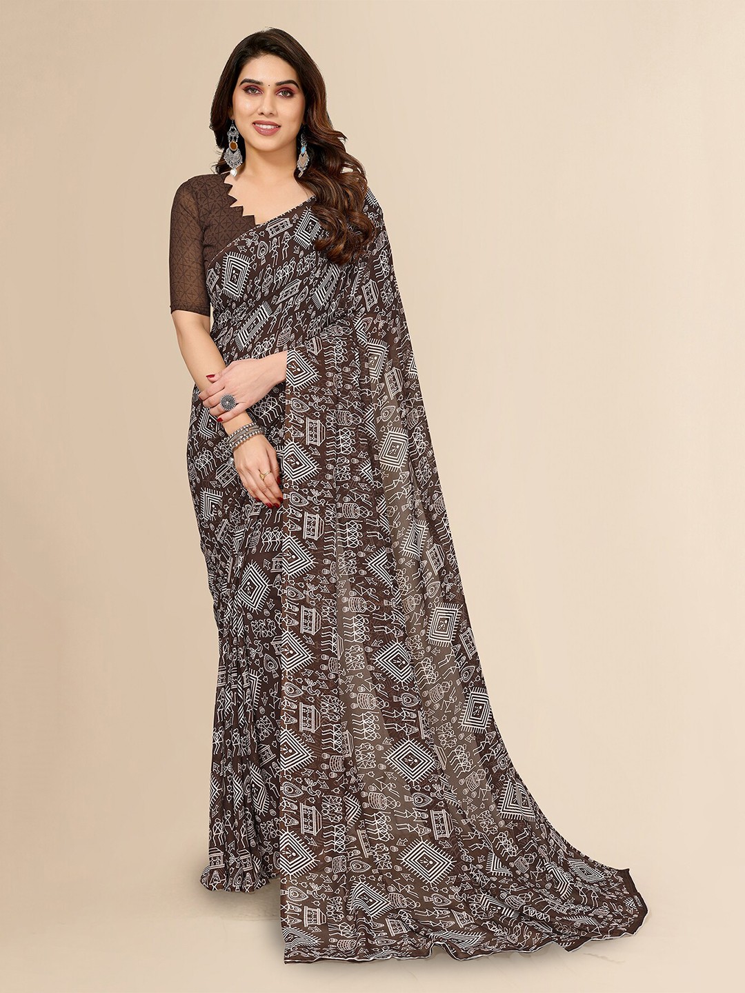

Moda Rapido Geometric Printed Saree, Brown