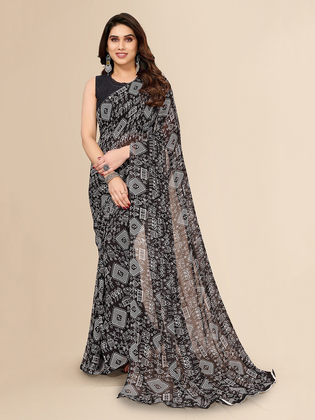 

Moda Rapido Black Warli Printed Saree
