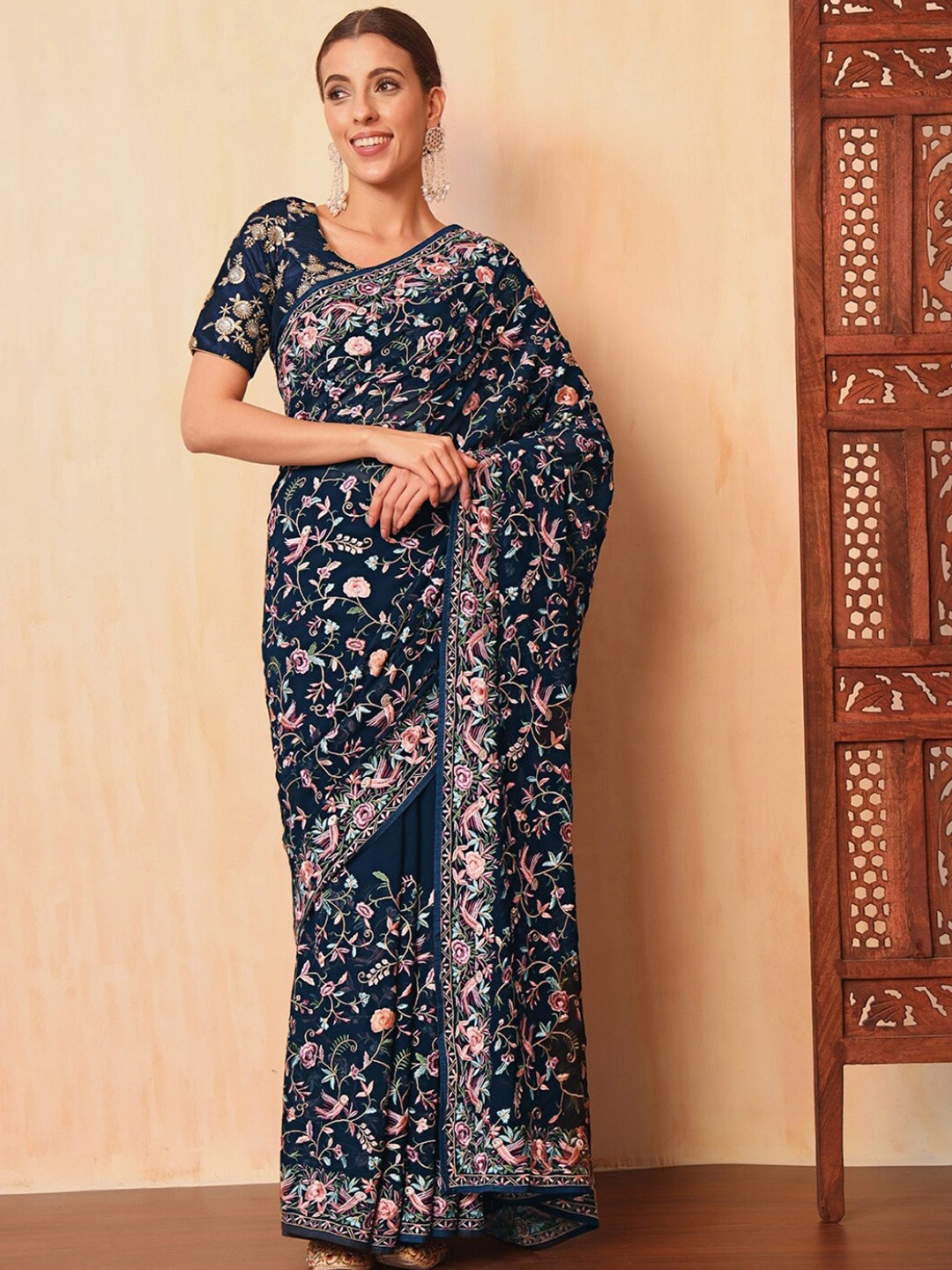 

Chhabra 555 Parsi Resham Embroidery with Intricate Floral Motifs Sarees, Navy blue