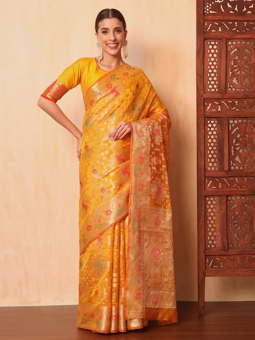 

Chhabra 555 Ethnic Motifs Woven Design Zari Chanderi Saree, Mustard