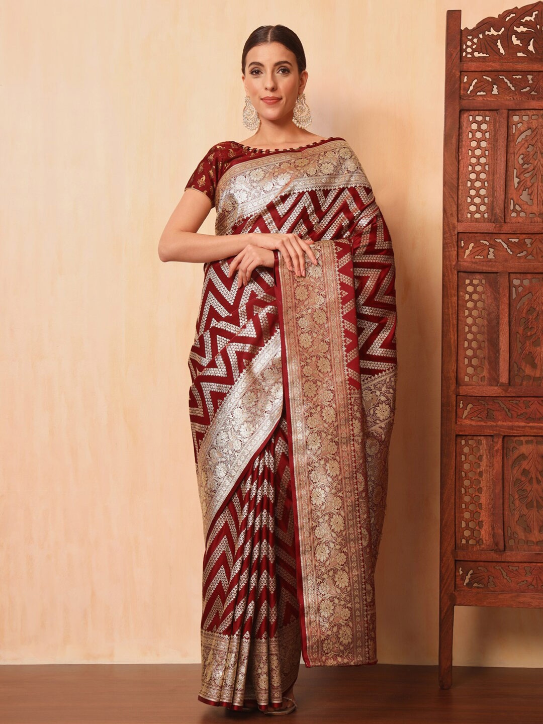 

Chhabra 555 Geometric Woven Design Art Silk Zari Kanjeevaram Saree, Maroon