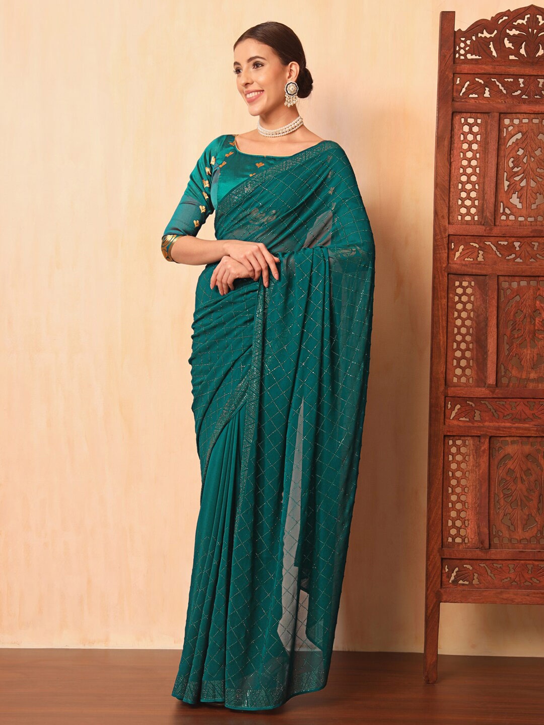 

Chhabra 555 Checked Embellished Beads and Stones Leheriya Saree, Teal