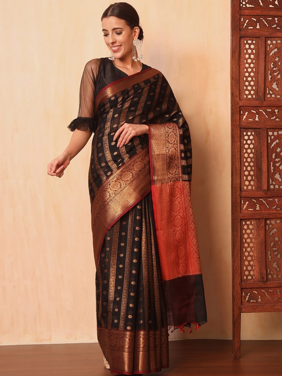 

Chhabra 555 Ethnic Motifs Woven Design Zari Silk Cotton Sarees, Black