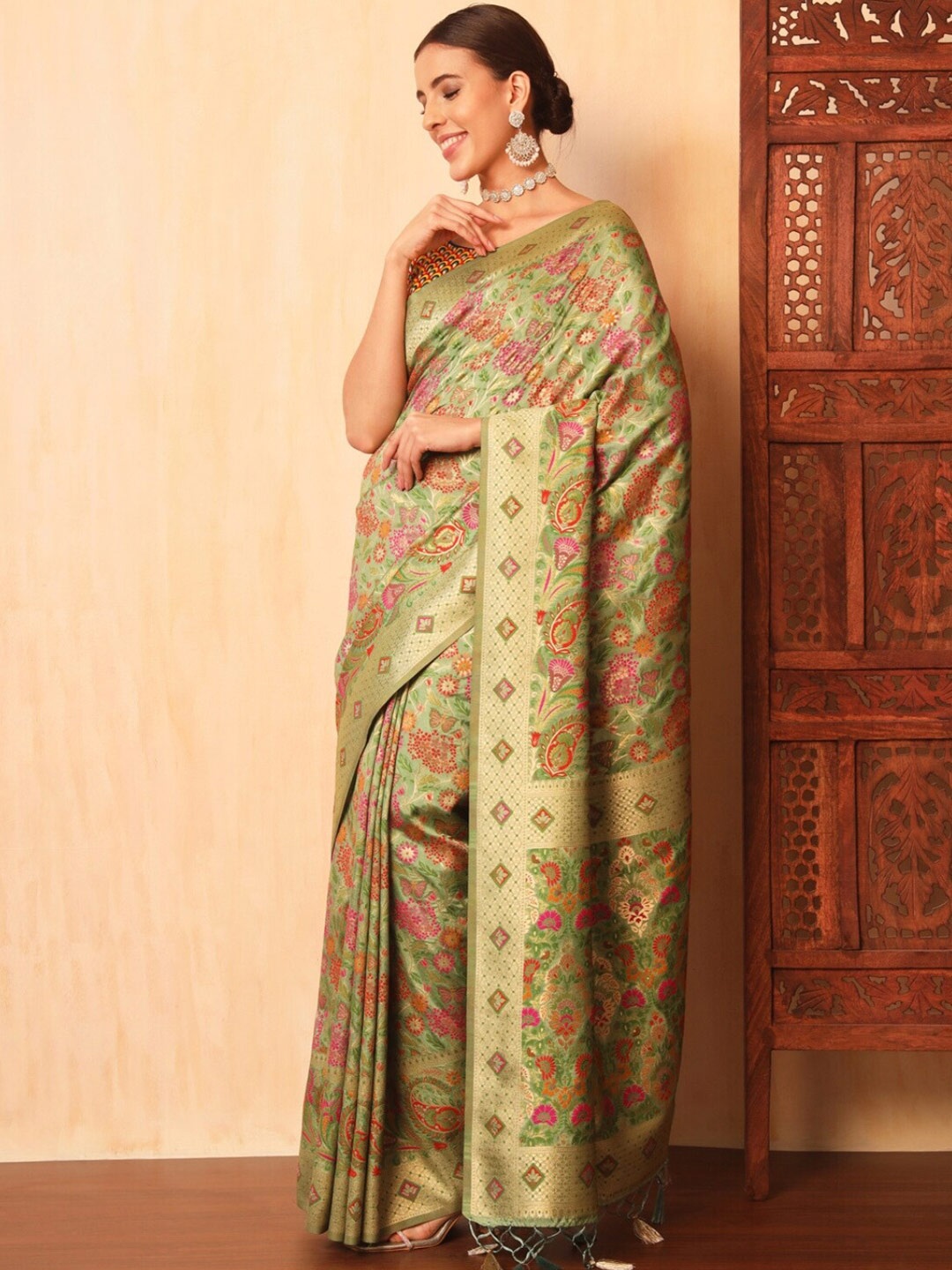 

Chhabra 555 Ethnic Motifs Printed Woven Design Art Silk Zari Banarasi Saree, Green