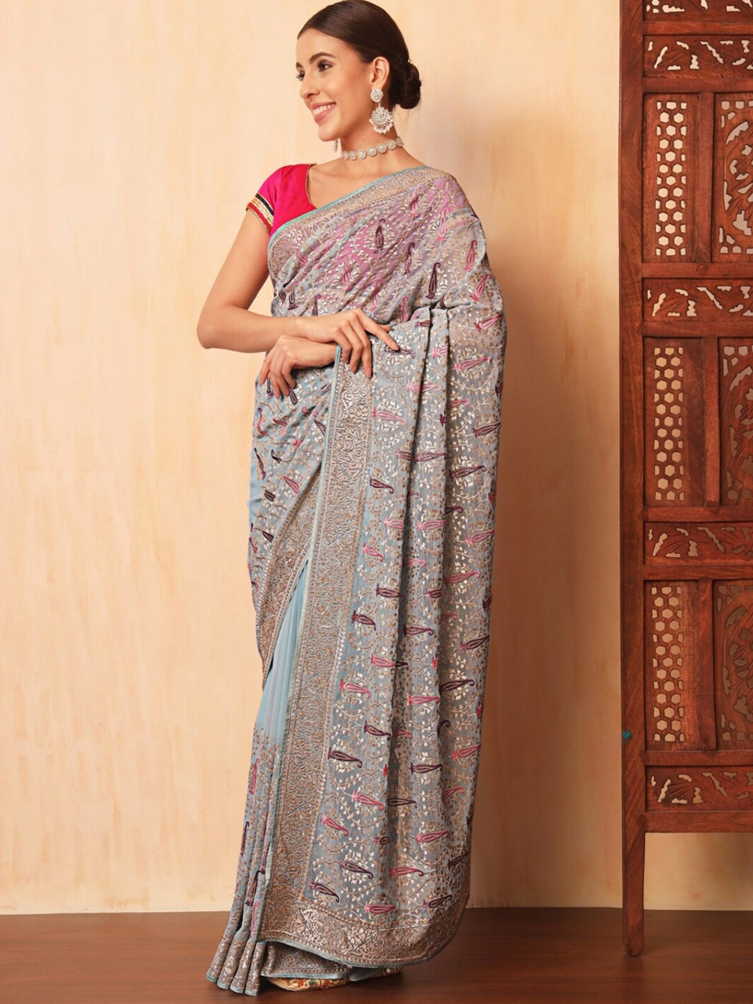 

Chhabra 555 Paisley Embroidered Aari Work Saree, Turquoise blue
