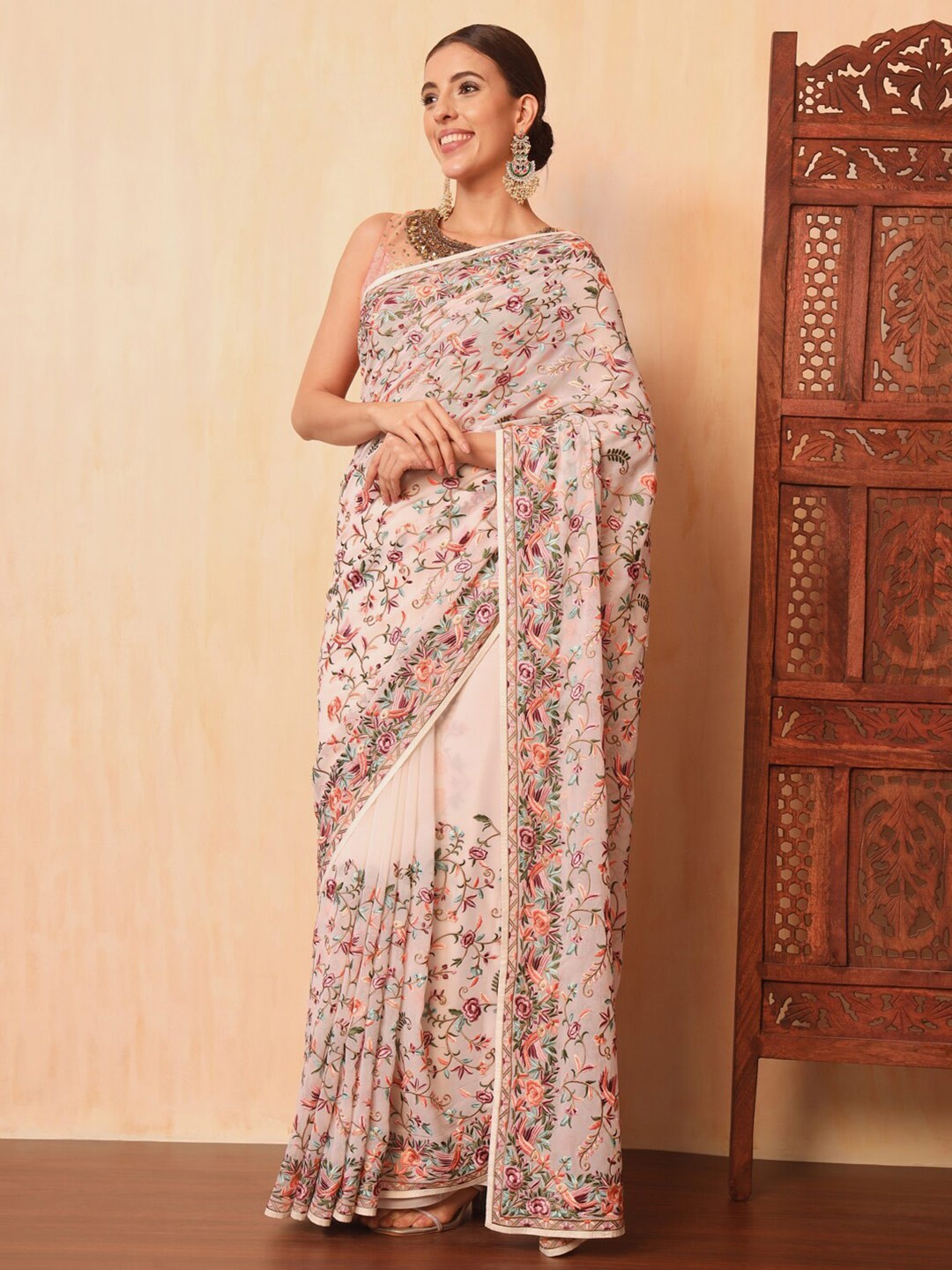 

Chhabra 555 Parsi Resham Embroidery Saree with Intricate Floral Motifs Sarees, Off white