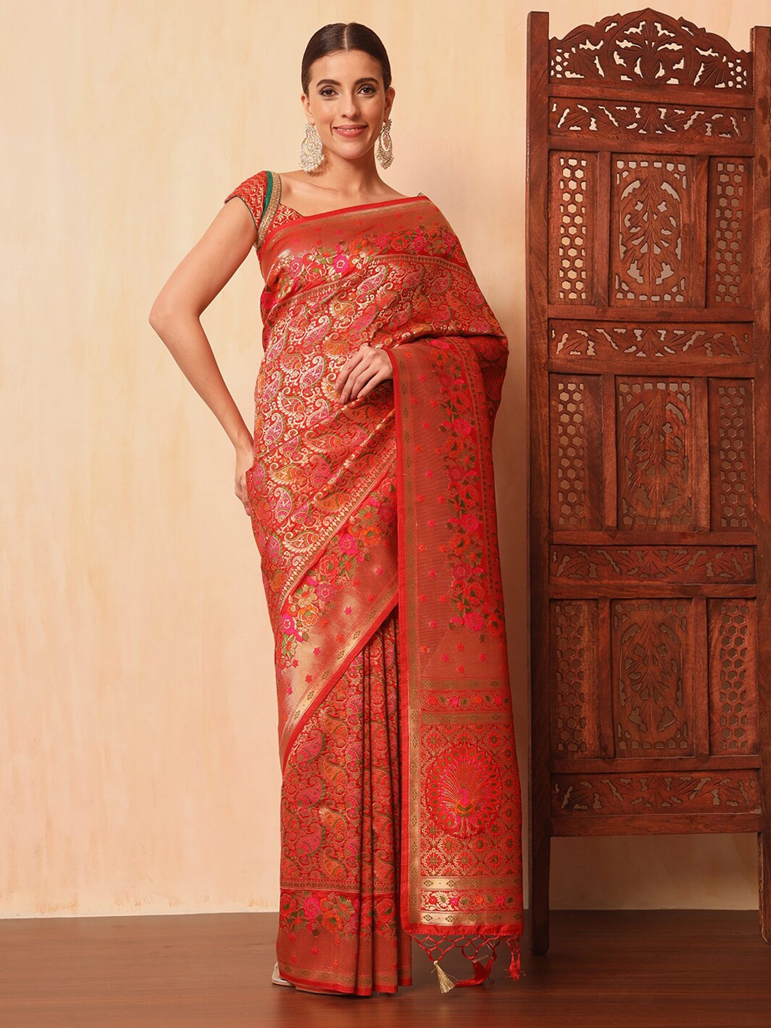 

Chhabra 555 Red Khinkhwab Banarasi Brocade with Kashmiri Peacock Pattern Saree