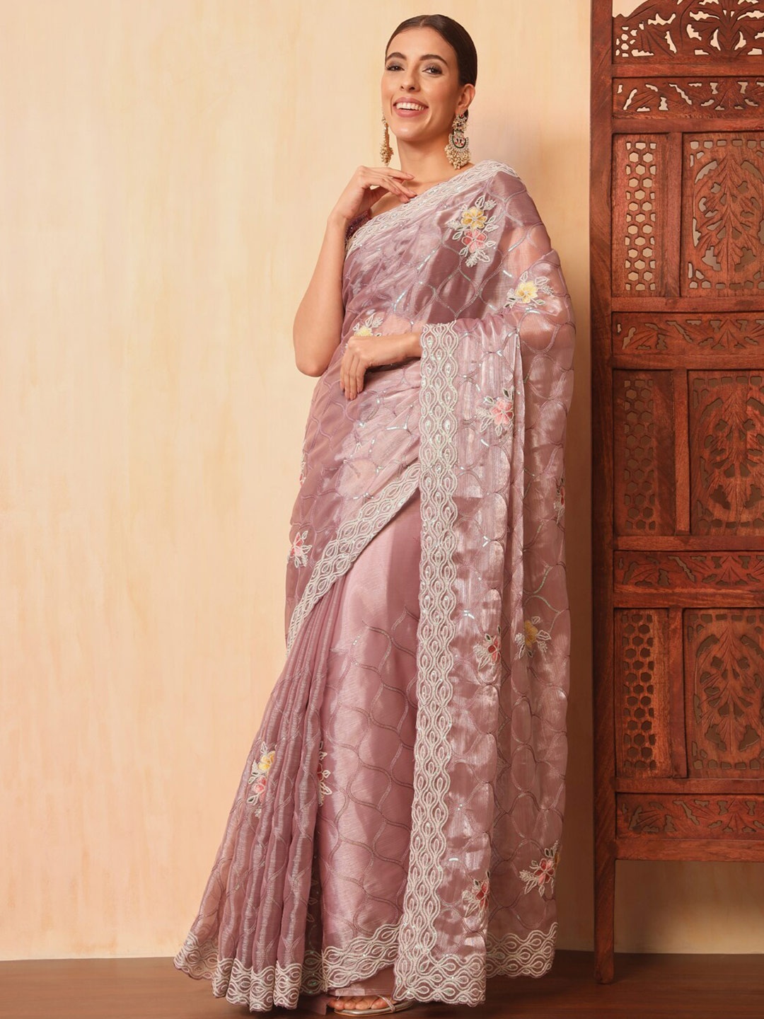 

Chhabra 555 Floral Embroidered Embellished Sequinned Saree, Lavender