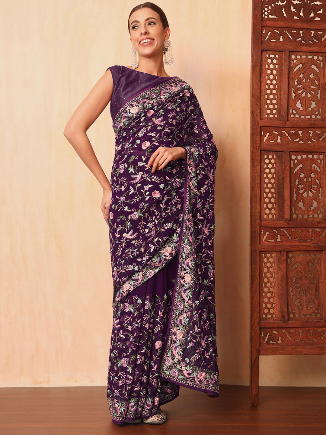 

Chhabra 555 Purple Parsi Resham Embroidery with Intricate Floral Motifs Sarees