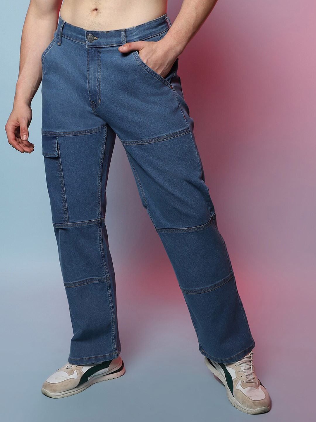 

Campus Sutra Men Smart Clean Look Cotton Cargo Jeans, Blue