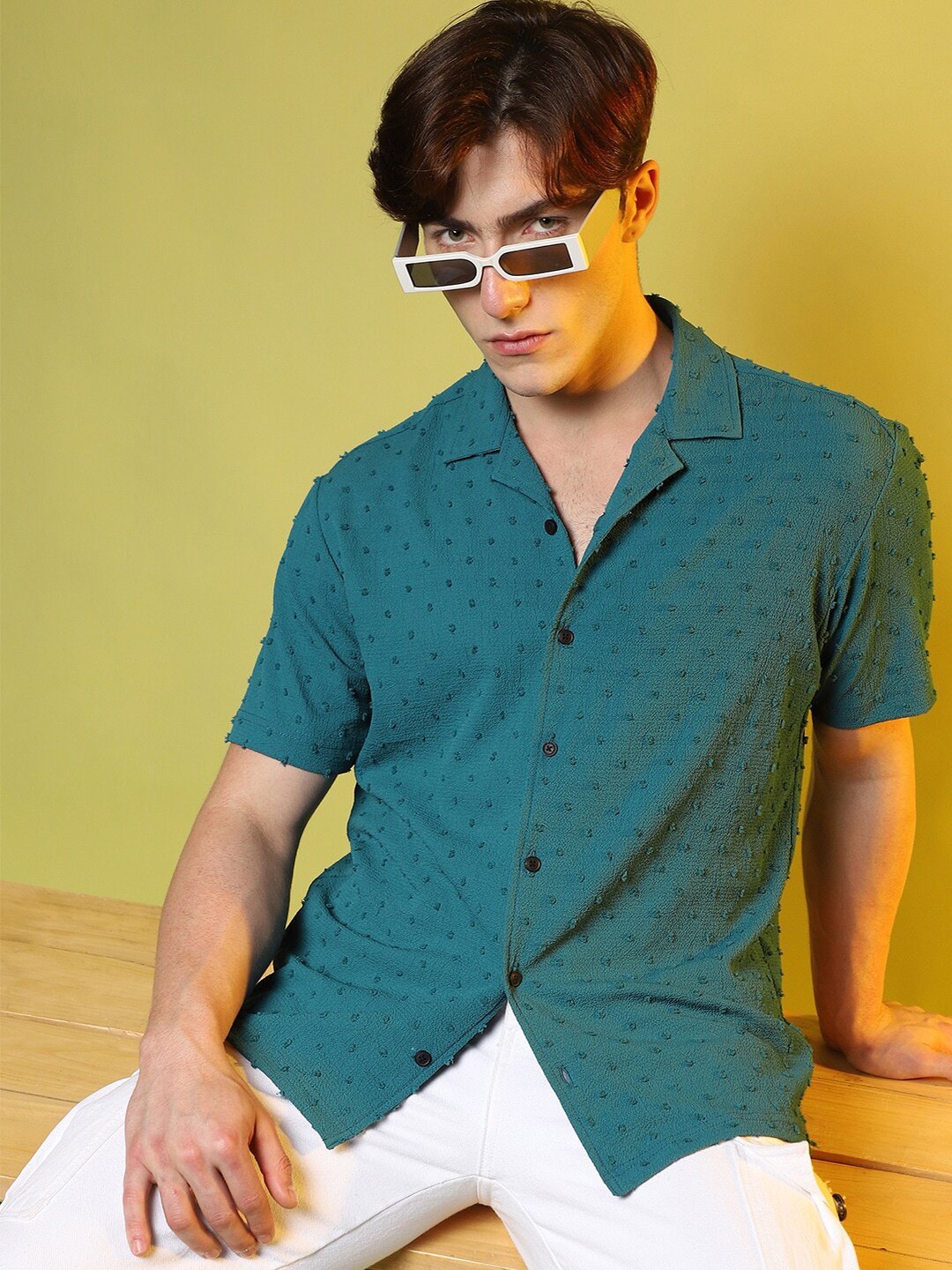

Campus Sutra Self-Design Pom-Pom Shirt, Green