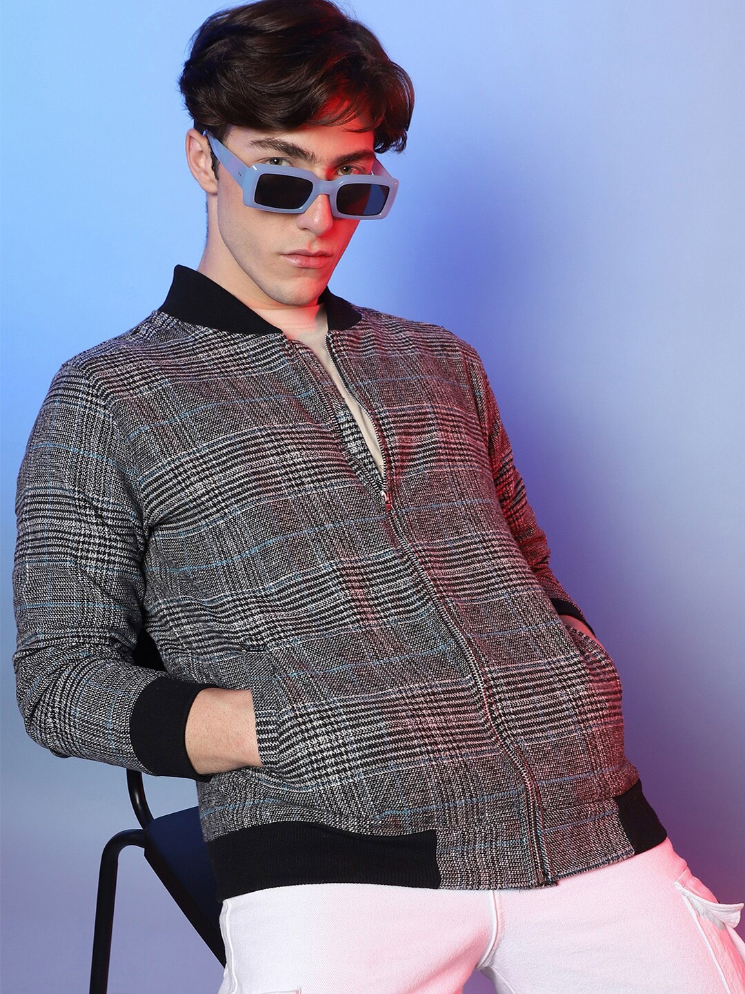 

Campus Sutra Tartan Checked Windcheater Cotton Bomber Jacket, Black
