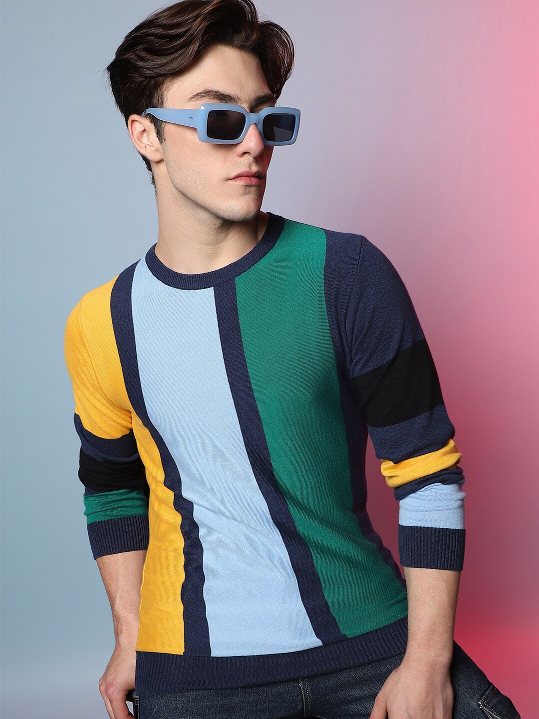 

Campus Sutra Colourblocked Woollen Pullover, Blue
