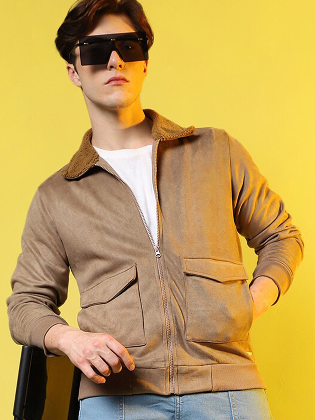 Campus Sutra Windcheater Cotton Bomber Jacket, Beige