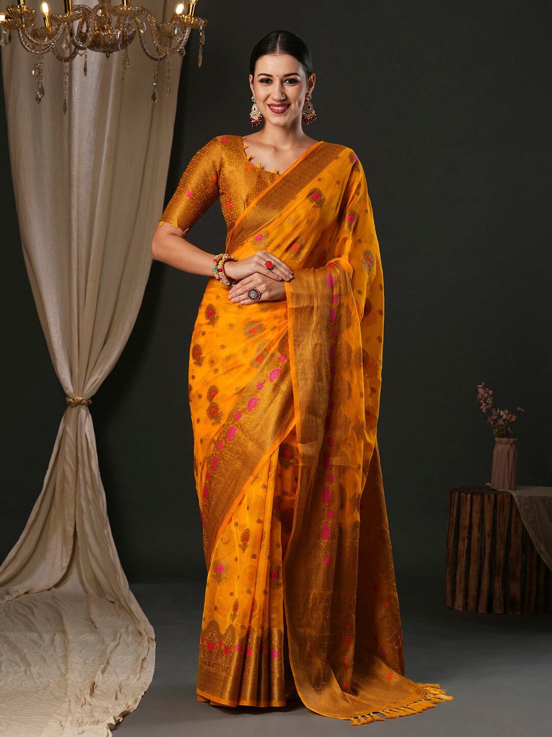 

Anouk Ethnic Motifs Organza Designer Banarasi Saree, Yellow