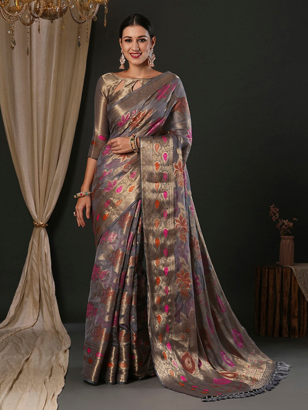 

Anouk Floral Organza Designer Banarasi Zari Saree, Grey