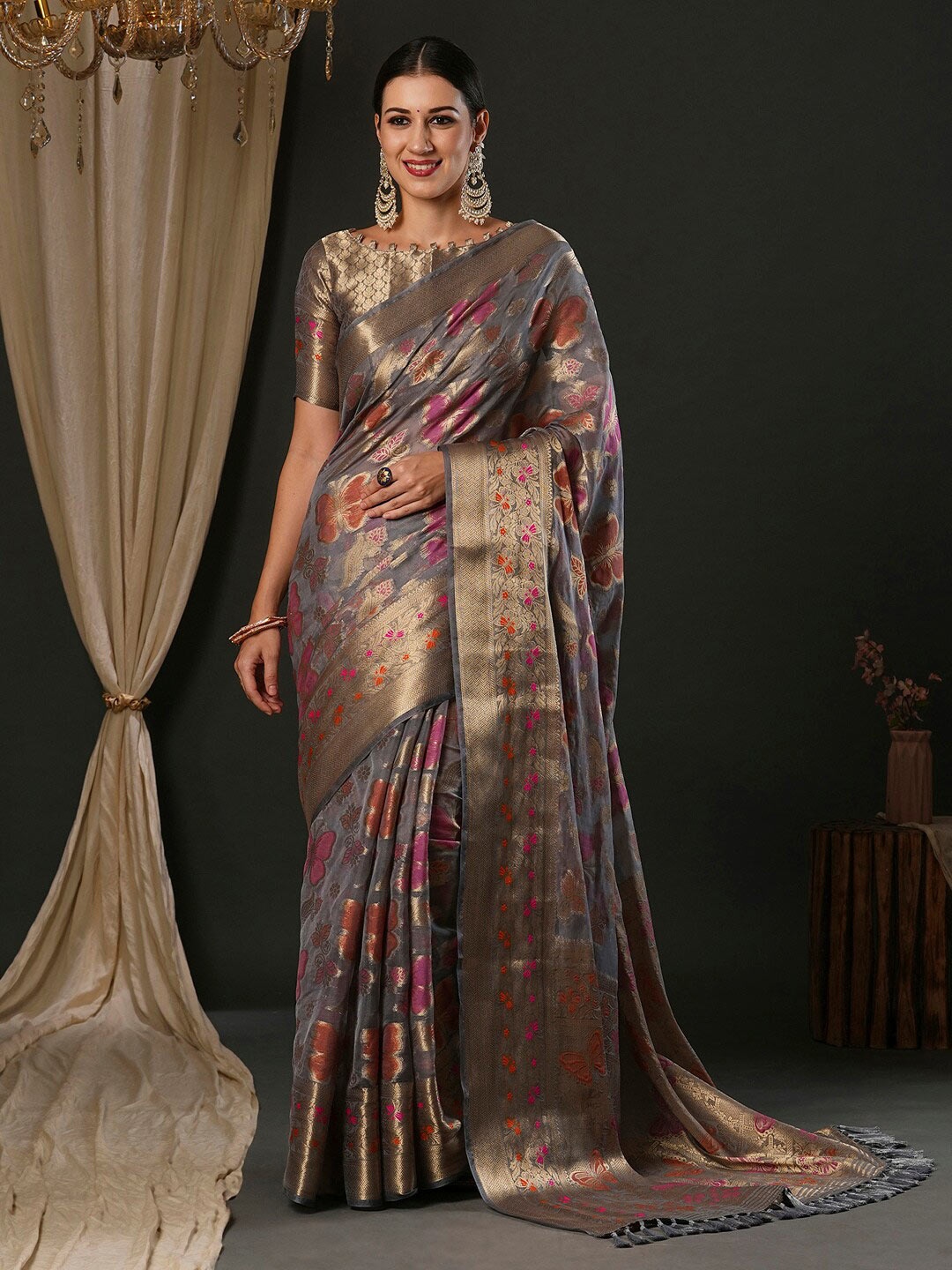 

Anouk Flora Woven Design Organza Banarasi Saree, Grey