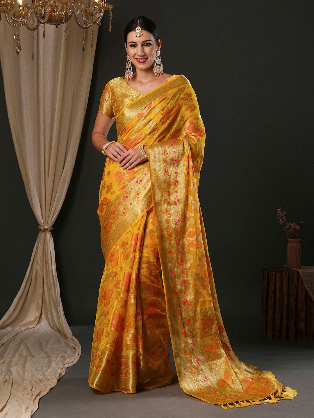 

Anouk Yellow Floral Woven Design Organza Banarasi Saree