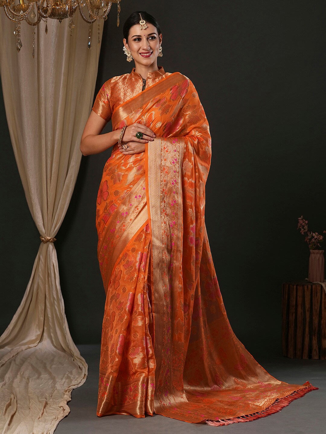

Anouk Orange Ethnic Motifs Woven Design Organza Banarasi Saree