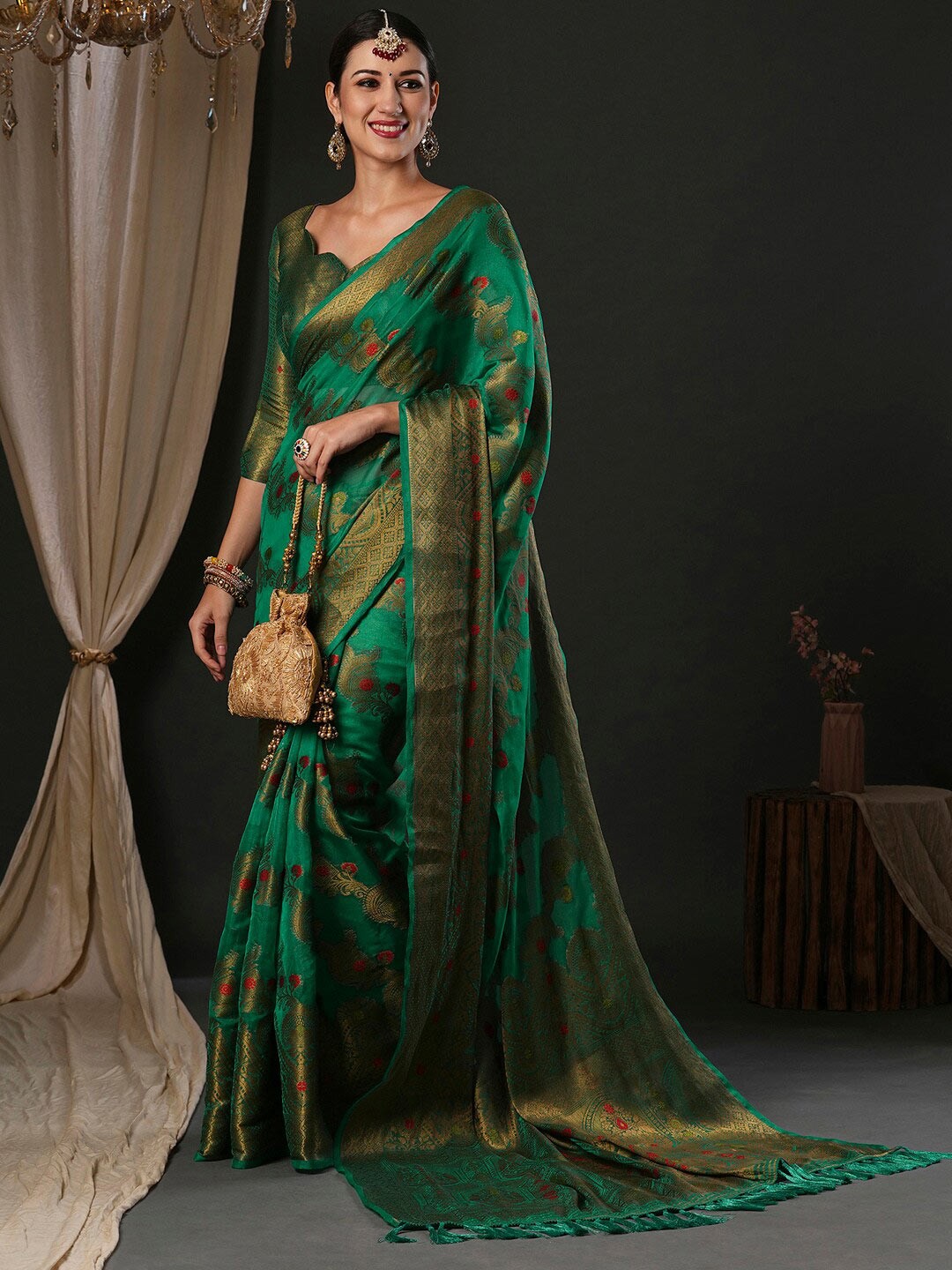 

Anouk Ethnic Motifs Woven Design Banarasi Zari Saree, Teal