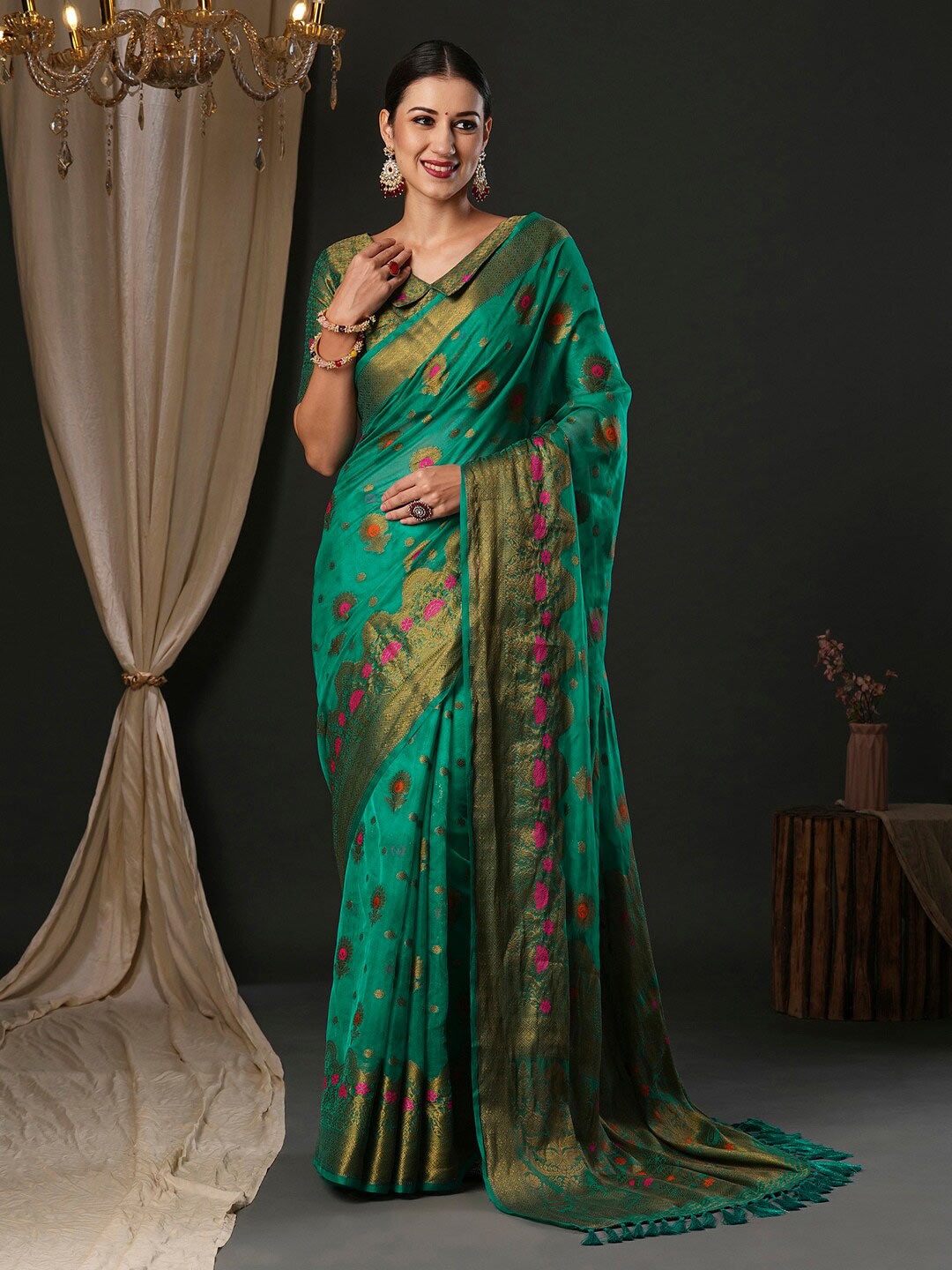 

Anouk Ethnic Motifs Woven Design Banarasi Zari Saree, Teal
