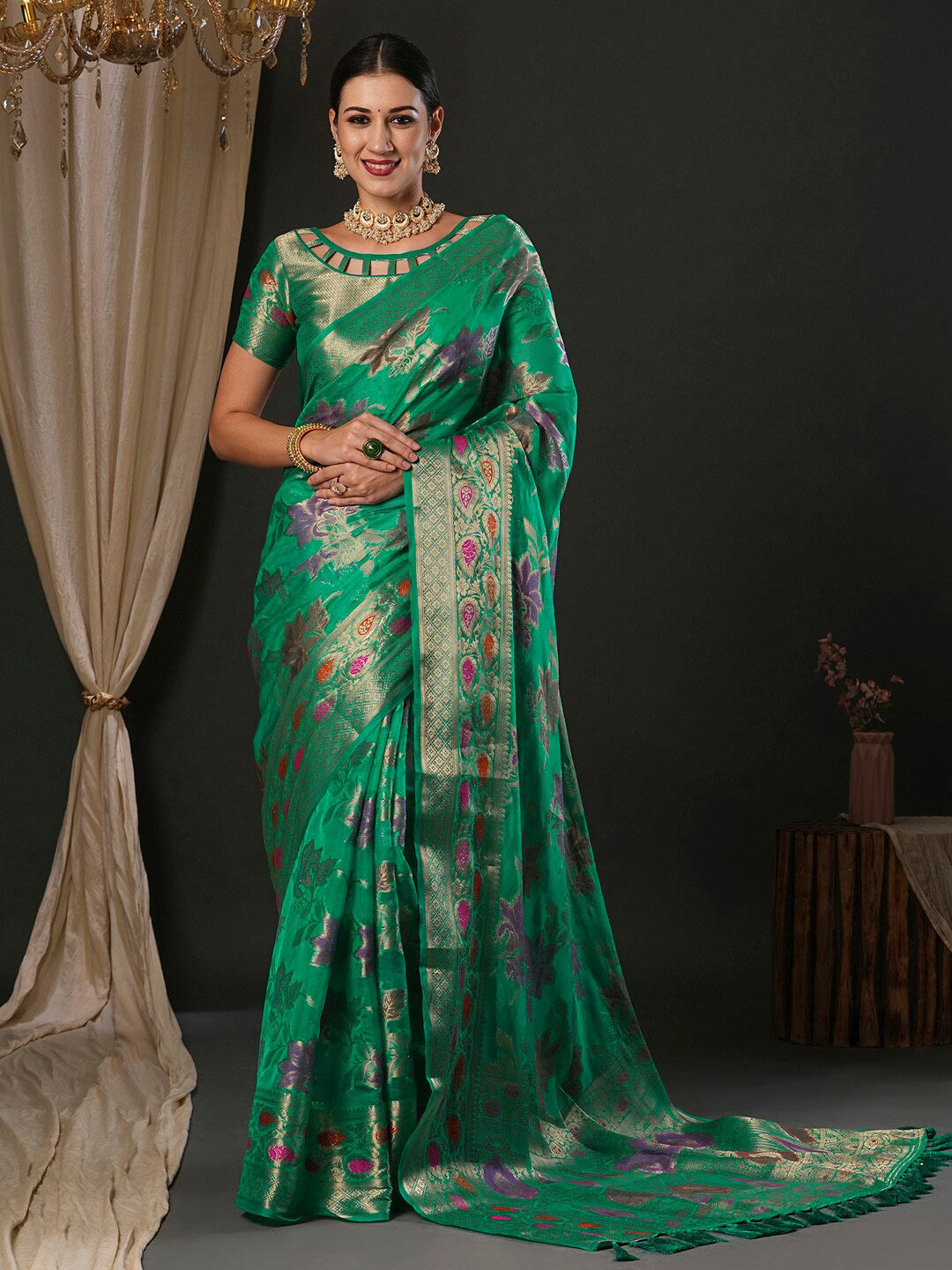 

Anouk Ethnic Motifs Woven Design Banarasi Zari Saree, Sea green