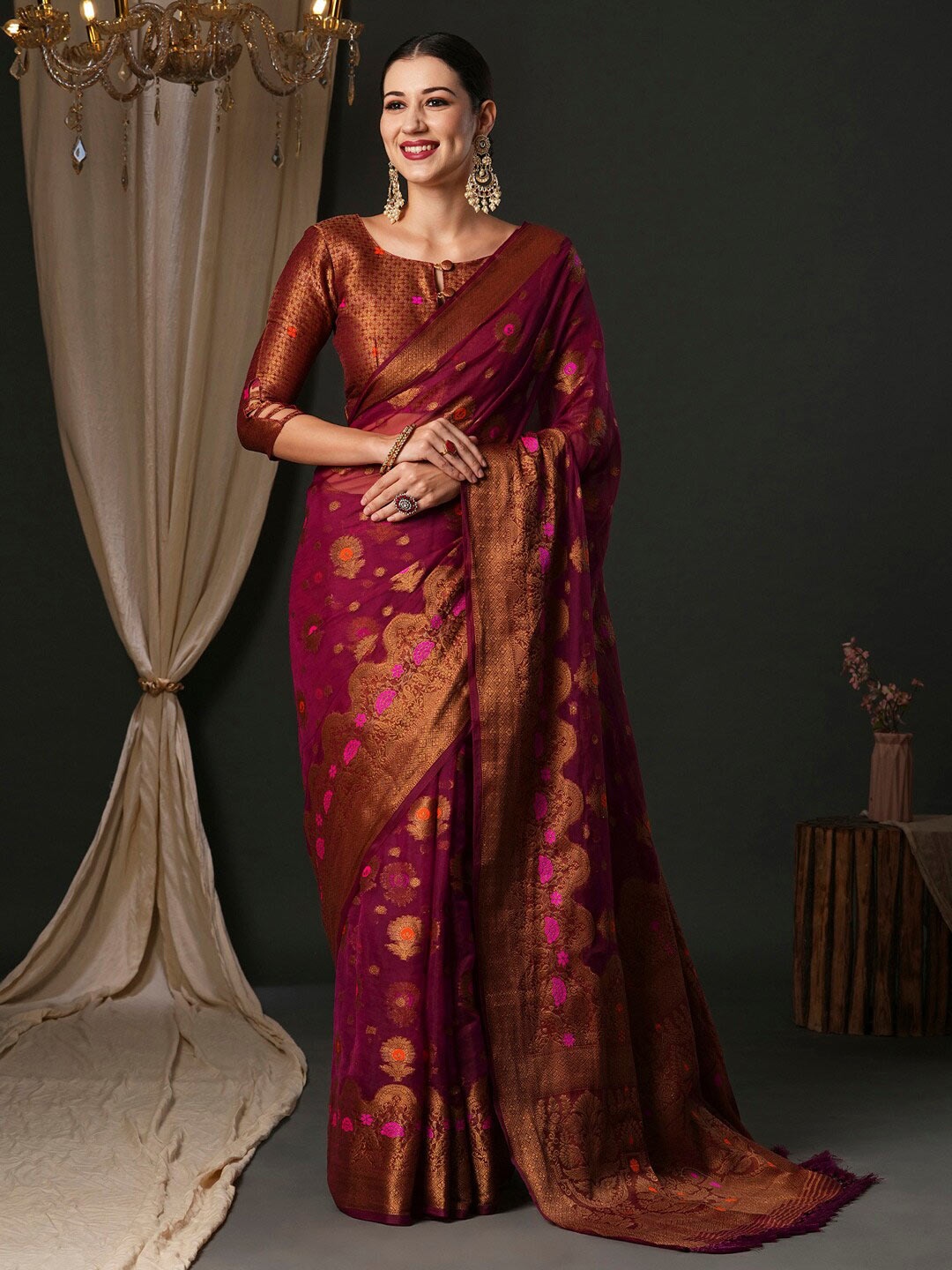 

Anouk Ethnic Motifs Woven Design Banarasi Zari Saree, Purple