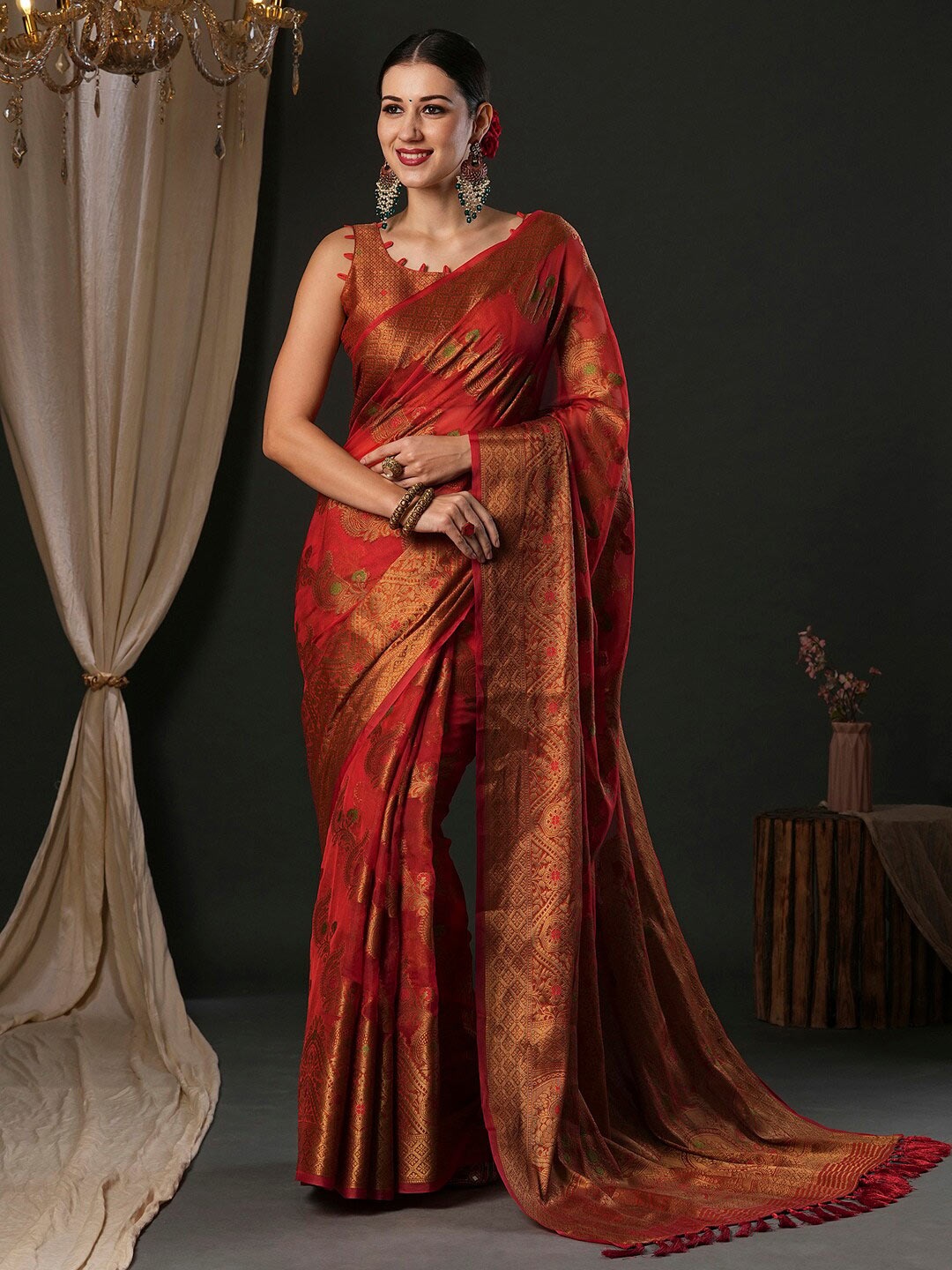 

Anouk Ethnic Motifs Woven Design Banarasi Zari Saree, Red