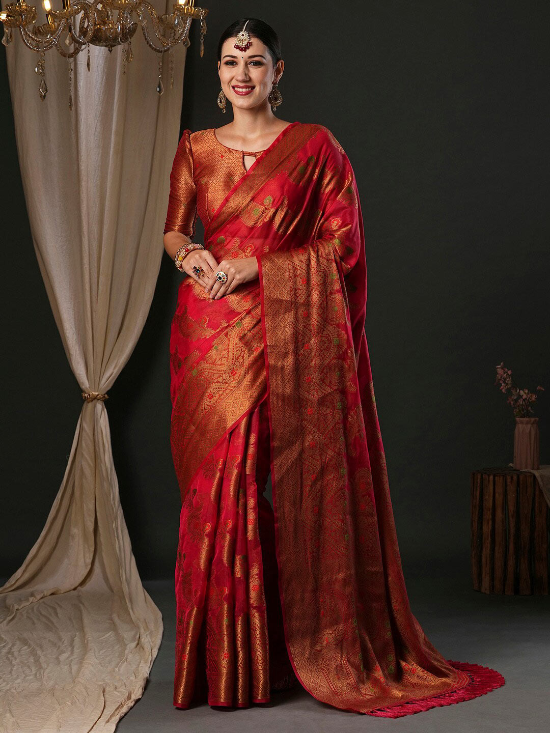 

Anouk Ethnic Motifs Woven Design Banarasi Zari Saree, Red