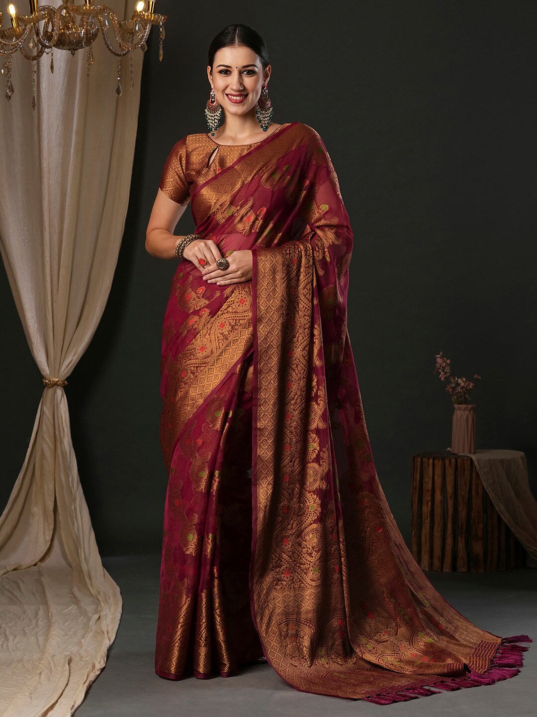 

Anouk Ethnic Motifs Woven Design Organza Banarasi Saree, Purple