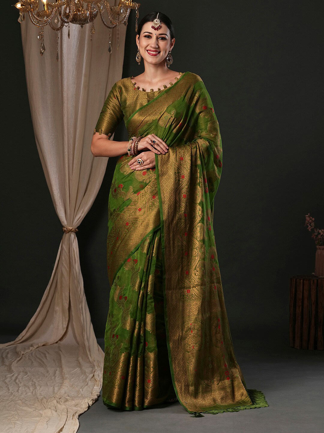 

Anouk Ethnic Motifs Woven Design Organza Banarasi Saree, Green