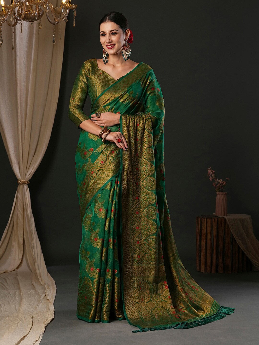 

Anouk Ethnic Motifs Woven Design Organza Banarasi Saree, Teal