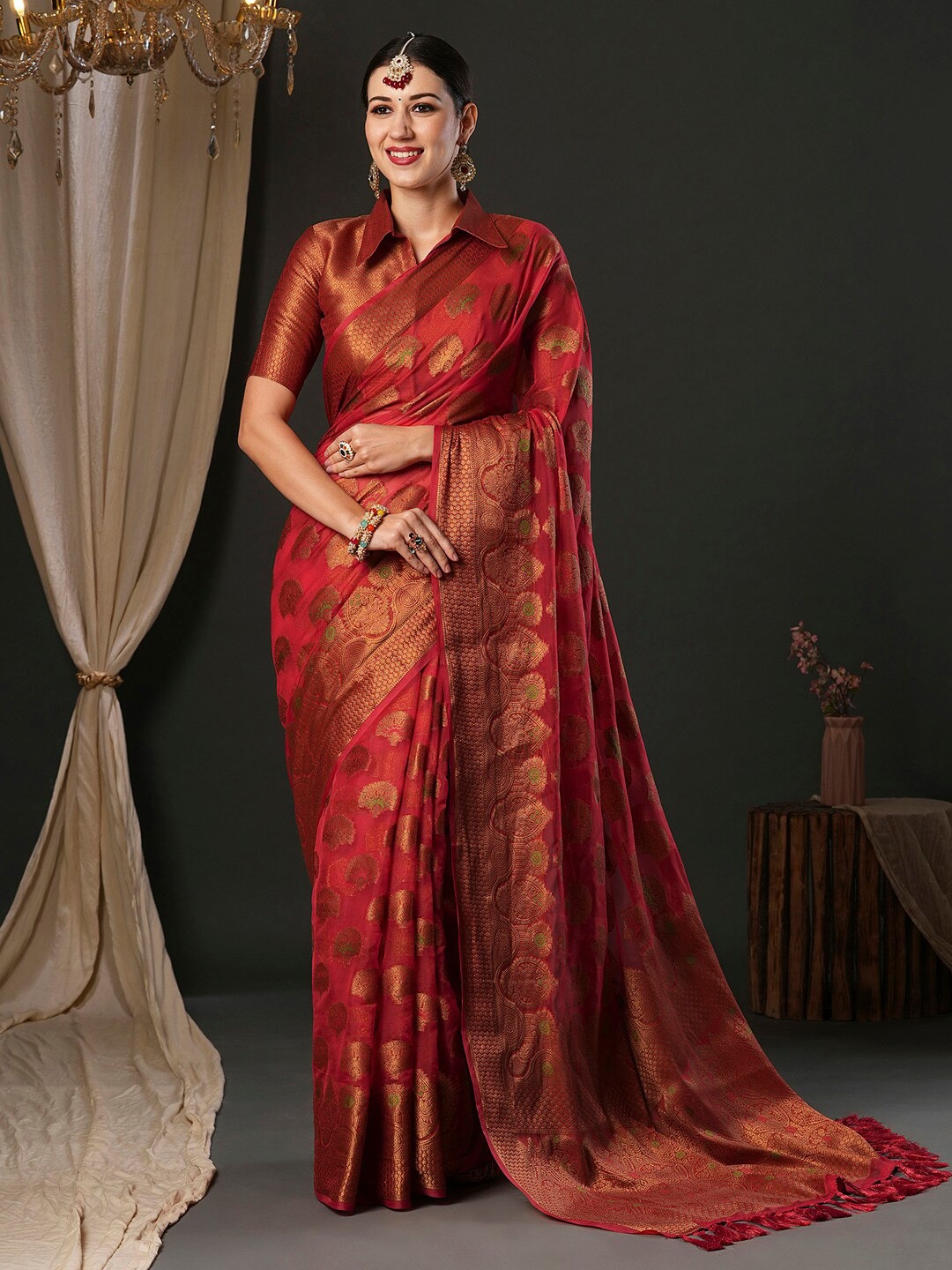 

Anouk Maroon Ethnic Motifs Woven Design Zari Organza Banarasi Saree