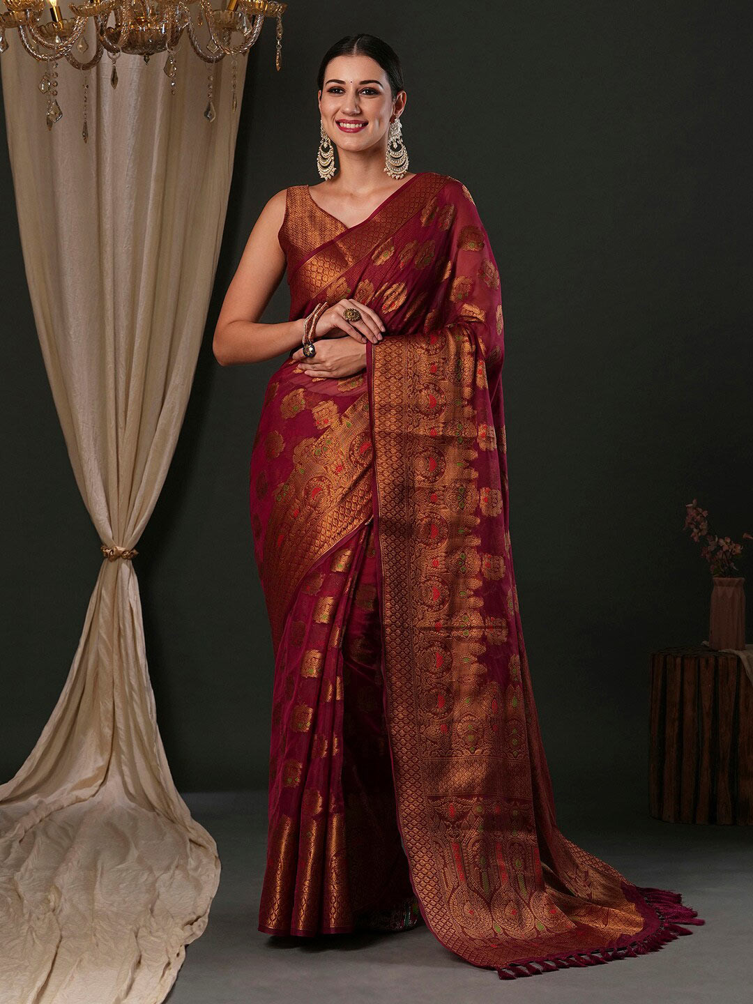 

Anouk Ethnic Motifs Woven Design Organza Banarasi Saree, Purple