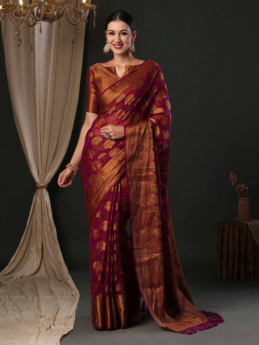 

Anouk Purple Ethnic Motifs Woven Design Zari Organza Banarasi Saree
