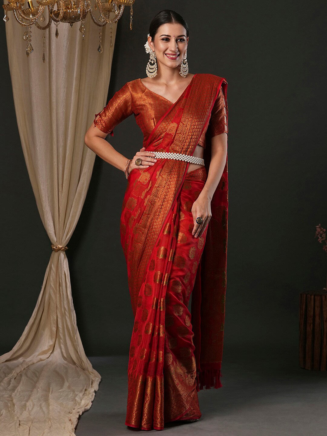 

Anouk Ethnic Motifs Woven Design Organza Banarasi Saree, Red