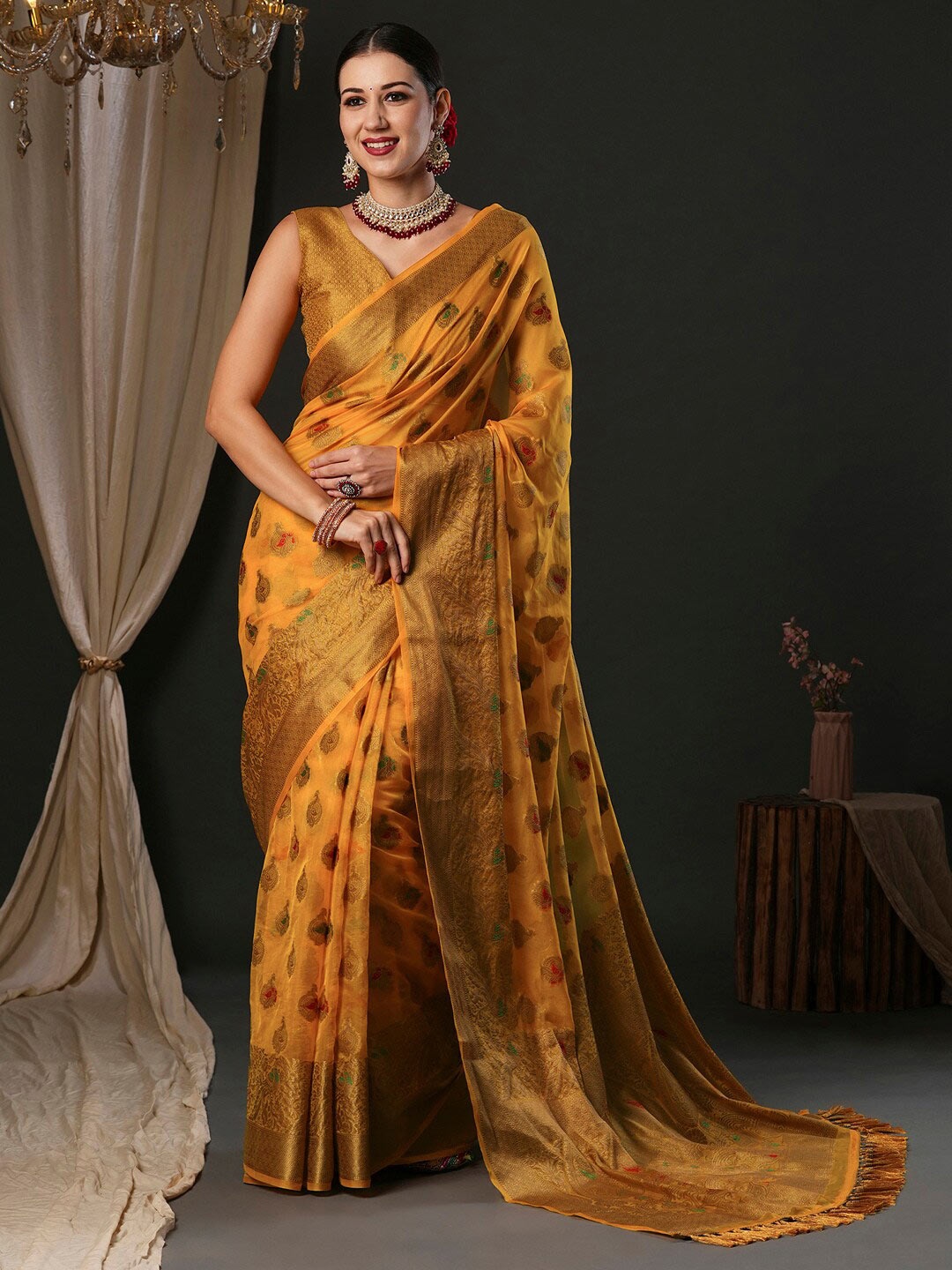 

Anouk Ethnic Motifs Woven Design Organza Banarasi Saree, Yellow