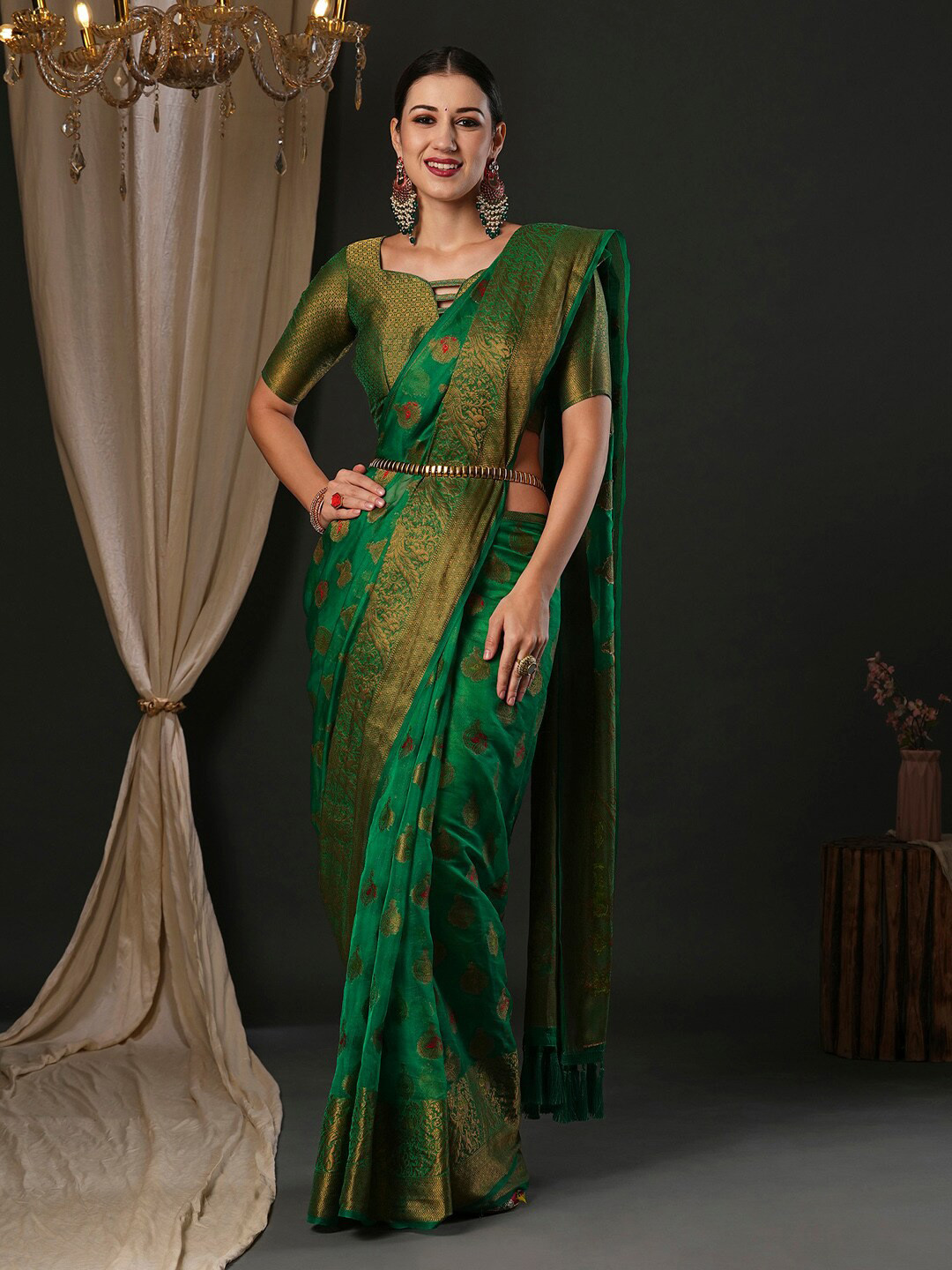 

Anouk Ethnic Motifs Woven Design Organza Banarasi Saree, Teal