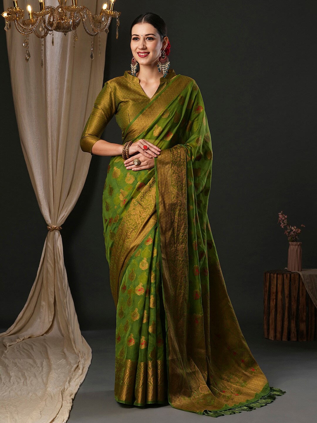 

Anouk Ethnic Motifs Woven Design Organza Banarasi Saree, Olive