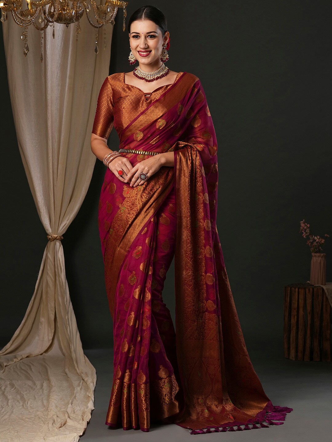 

Anouk Ethnic Motifs Woven Design Organza Banarasi Saree, Purple