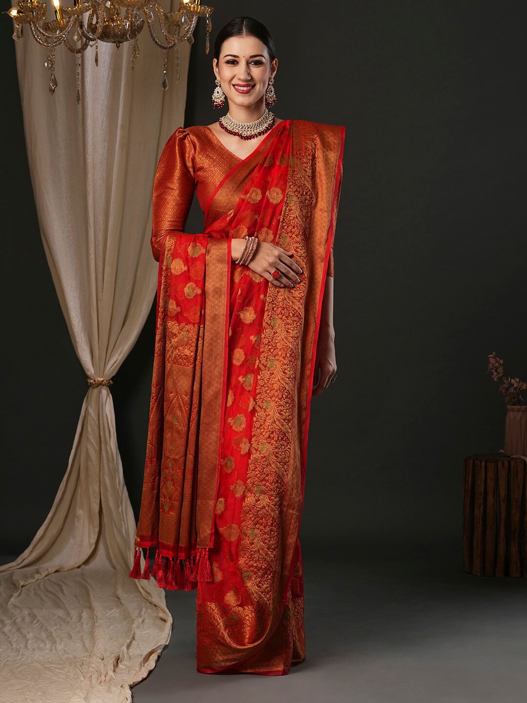 

Anouk Red Ethnic Motifs Woven Design Zari Organza Banarasi Saree