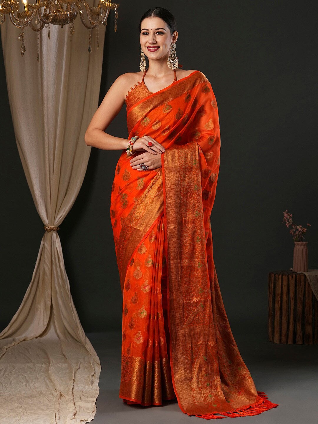 

Anouk Orange Ethnic Motifs Woven Design Zari Organza Banarasi Saree