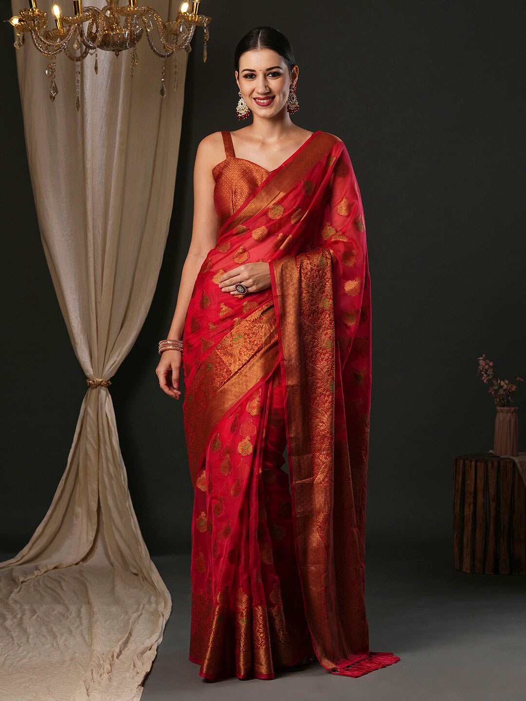 

Anouk Pink Ethnic Motifs Woven Design Zari Organza Banarasi Saree
